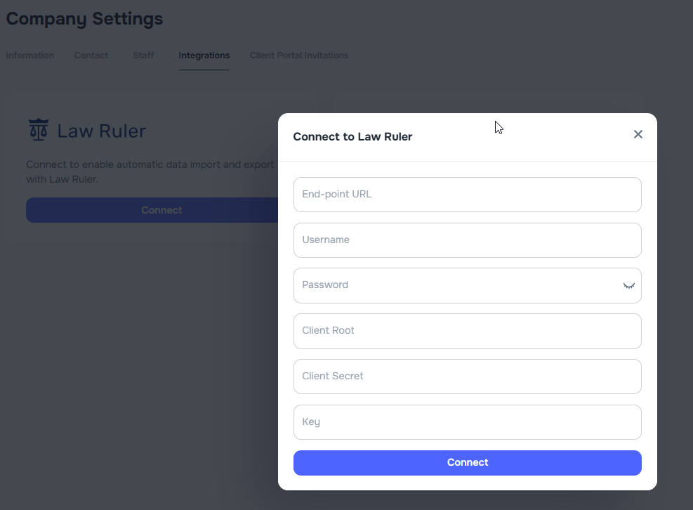 Law Ruler integration connection settings